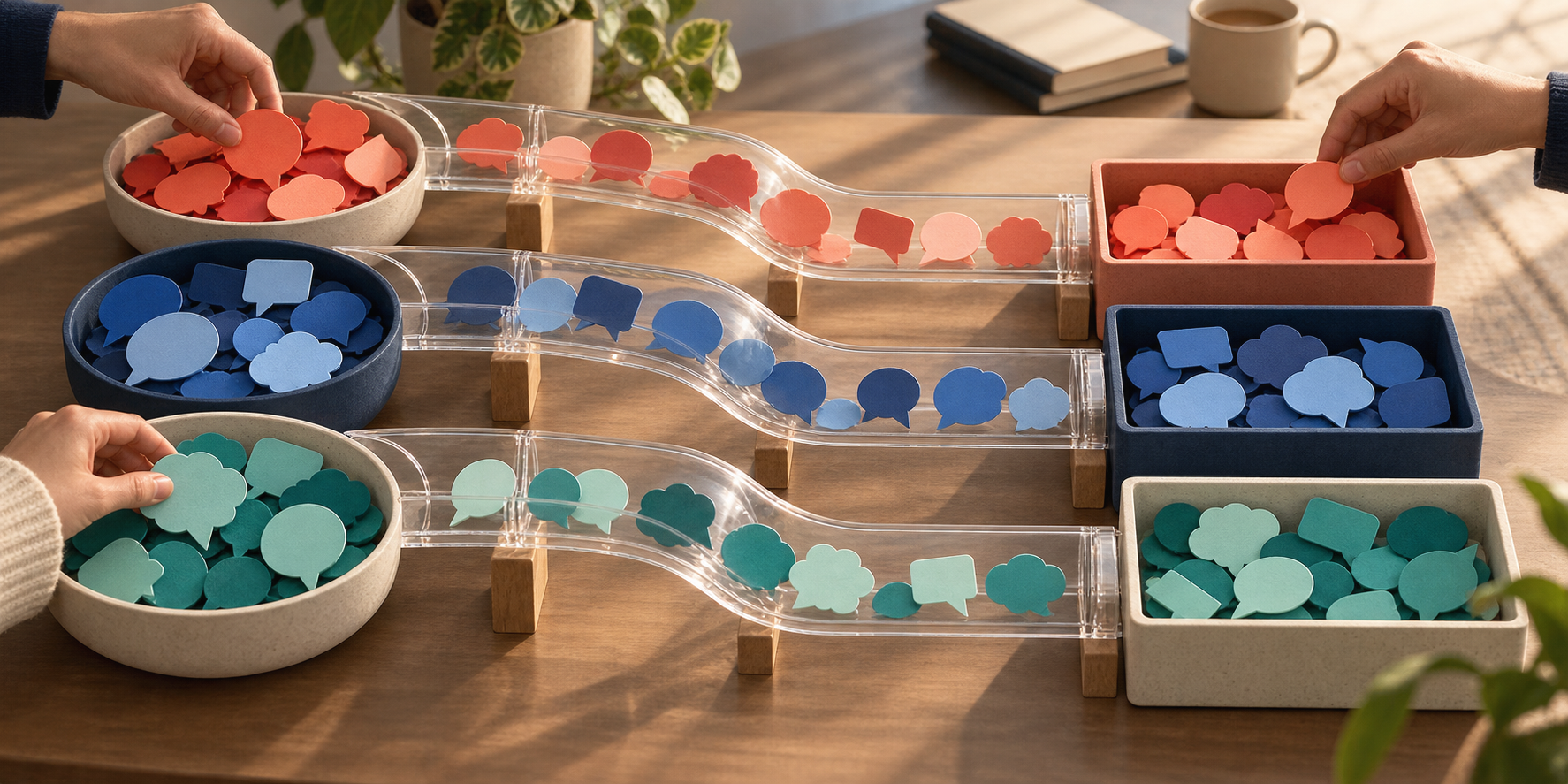 Hands sort colorful speech-shaped tokens into transparent groups while preserving each token's original form.