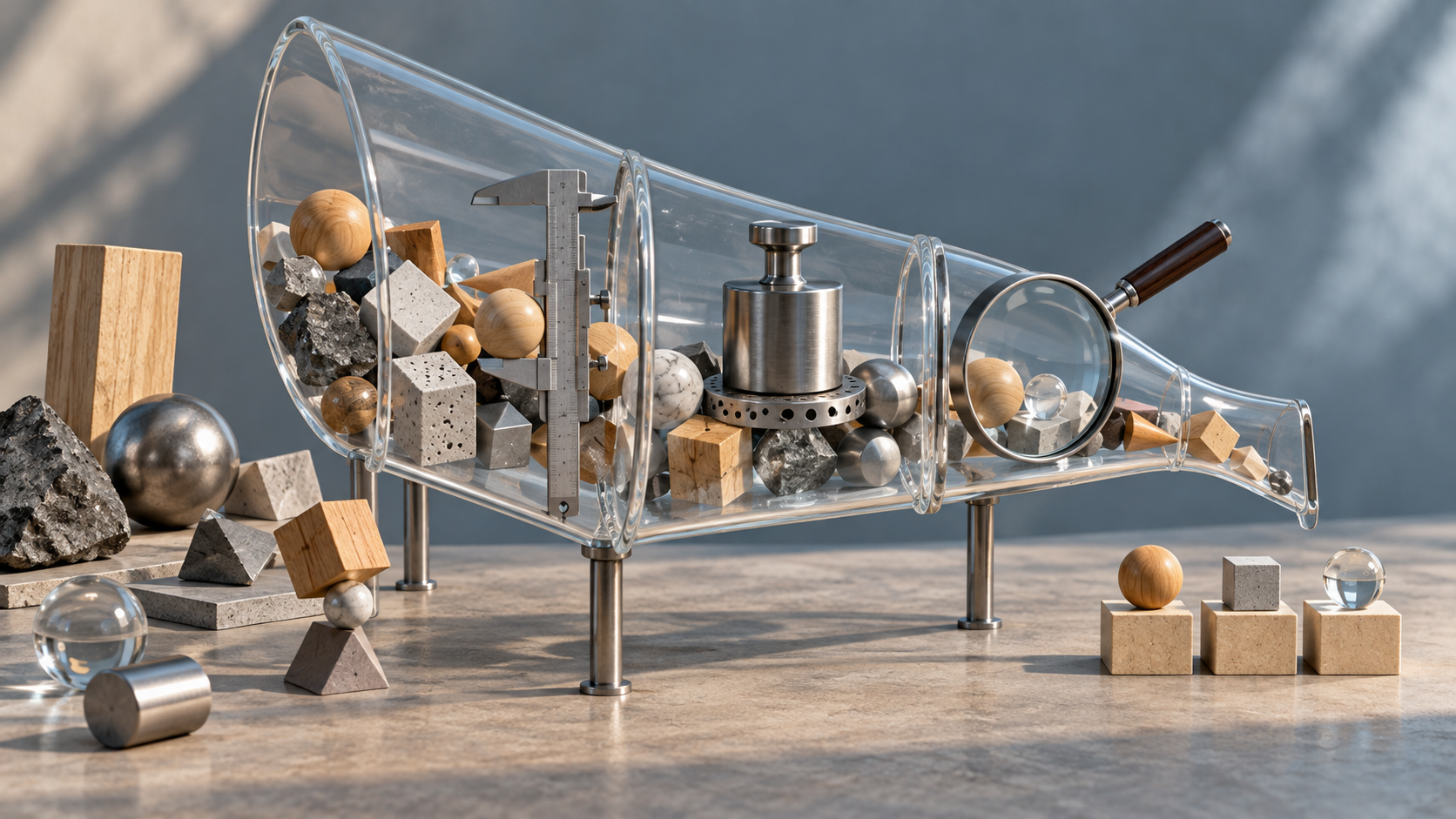 A transparent tabletop funnel narrows a group of unbranded objects using a caliper, test weight, and magnifying lens as visible evaluation criteria.