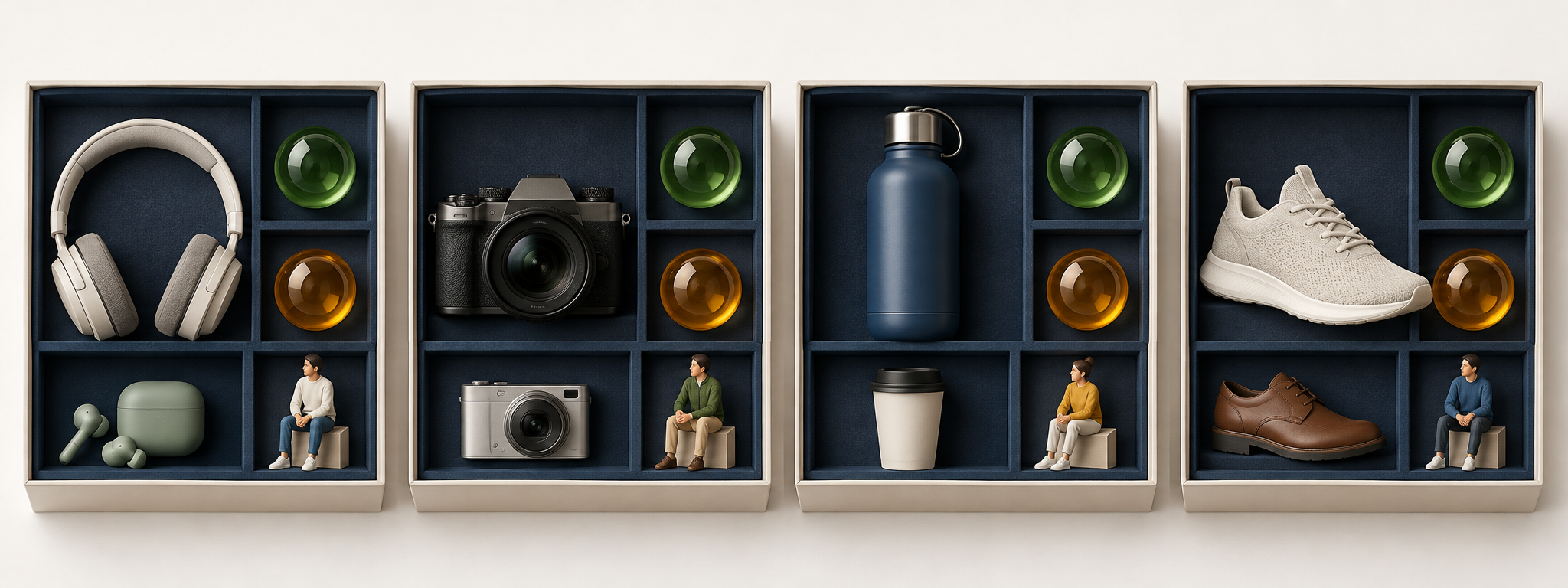 Four unbranded products sit in matching compartmentalized boxes with colored tokens, user figurines, and alternative objects arranged consistently.