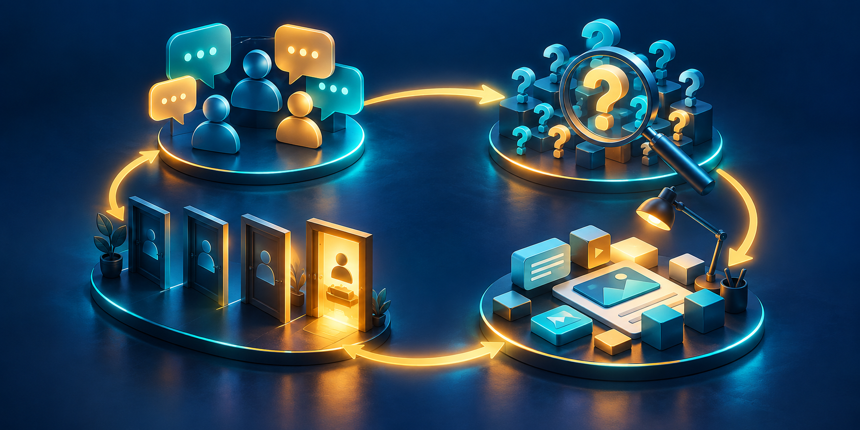 An illuminated circular pathway connects customer conversations, search validation, content creation, and sales outcomes.