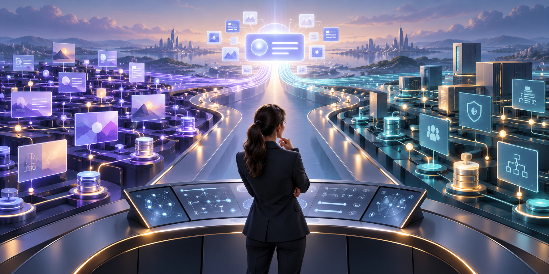 A marketing leader compares two illuminated technology pathways that both lead to an abstract AI answer interface.