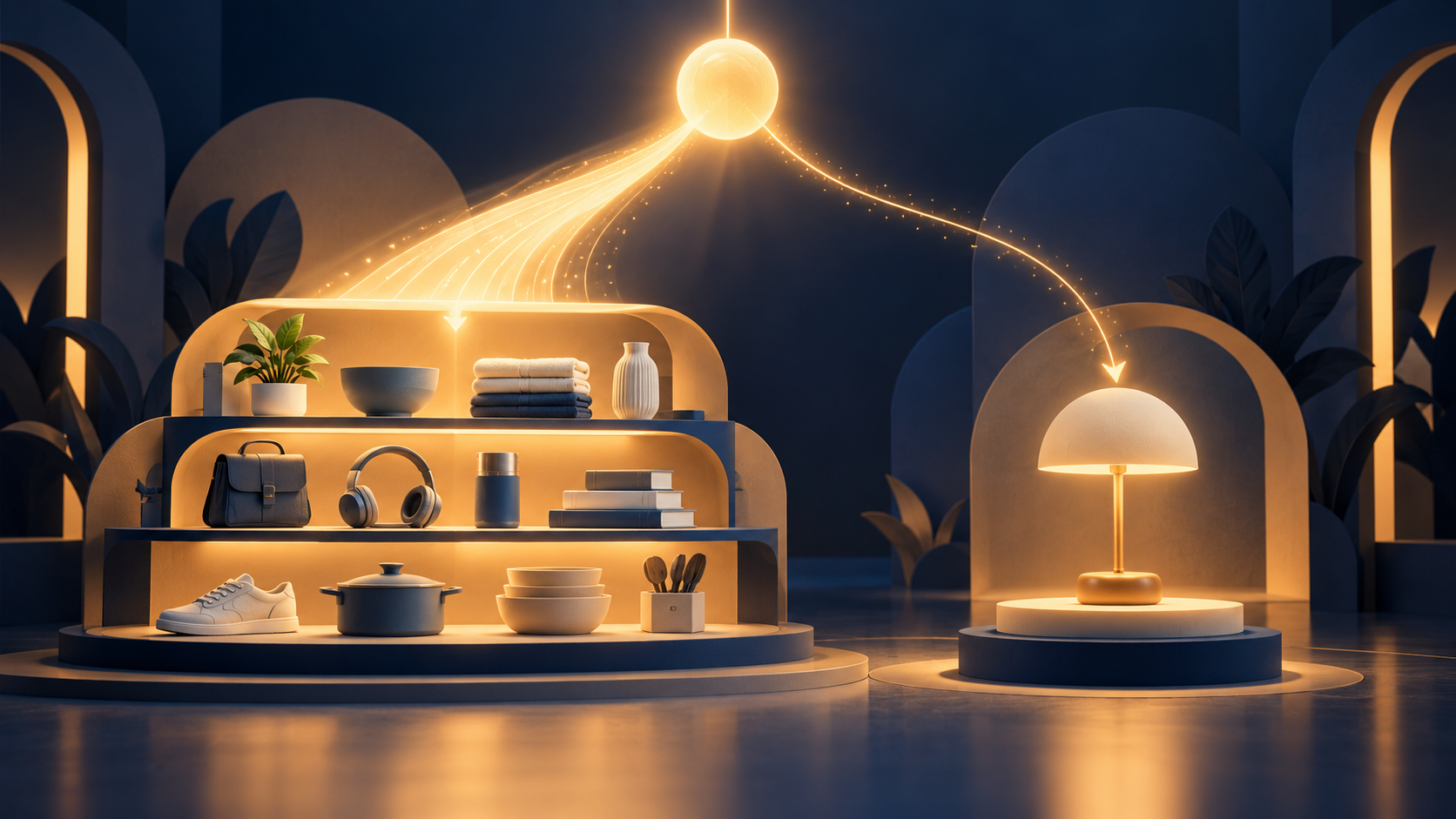 A search beam points toward a shelf of varied products while a secondary path connects to one product on a pedestal.