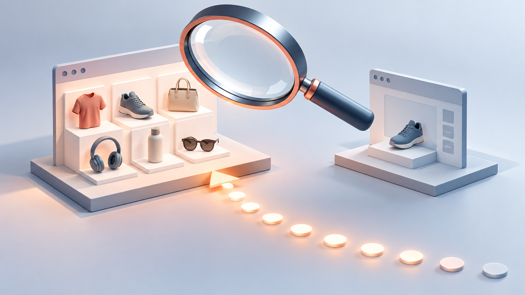 A magnifying glass and glowing markers favor a miniature page containing several products over a page containing one product.