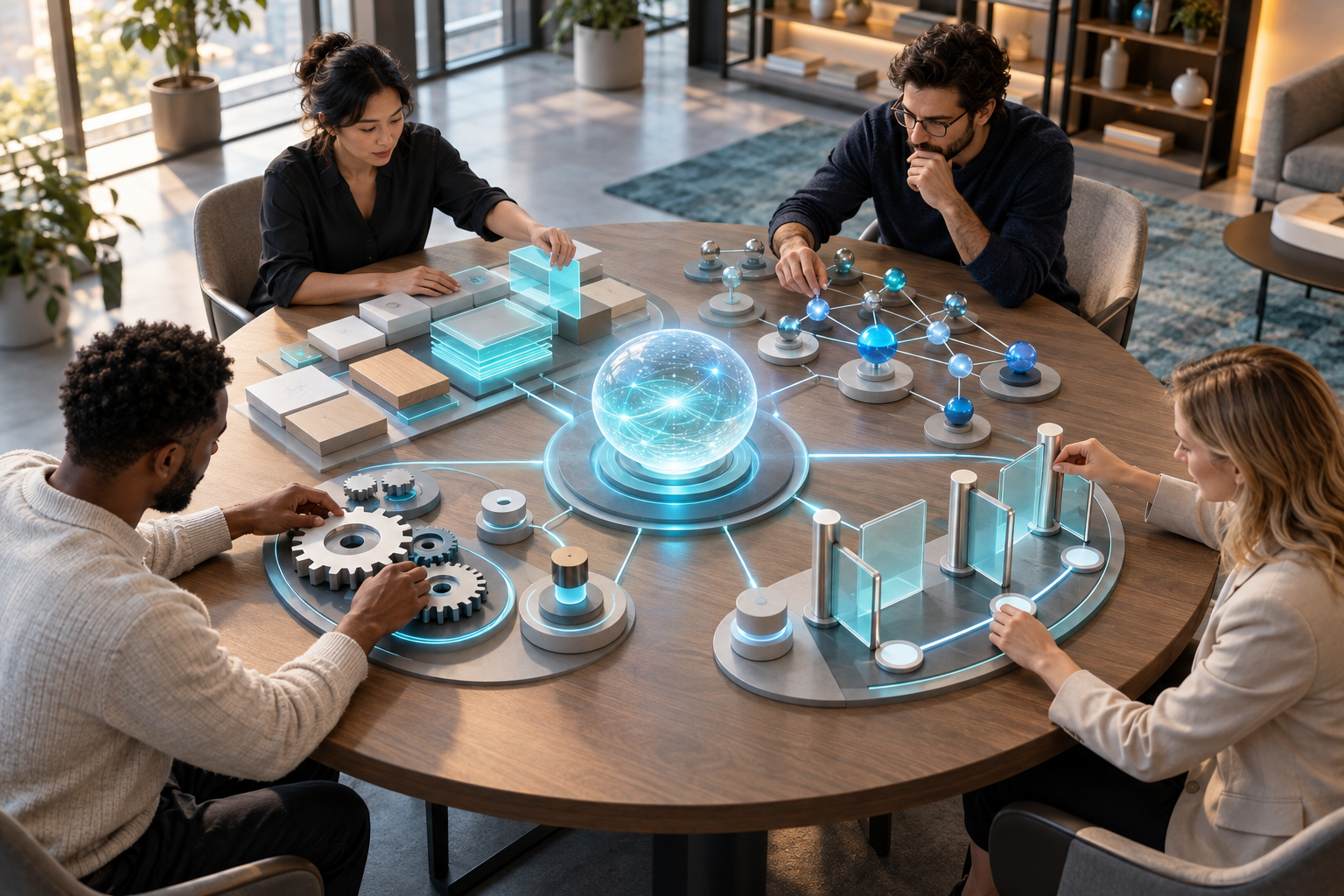 Four professionals examine an abstract tabletop system of content blocks, workflow gears, citation nodes, and an AI response orb.
