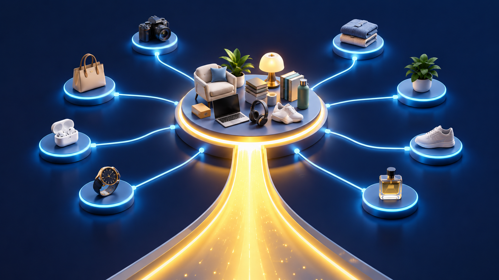 An illuminated route ends at a central collection of products, with smaller paths branching to individual product pedestals.