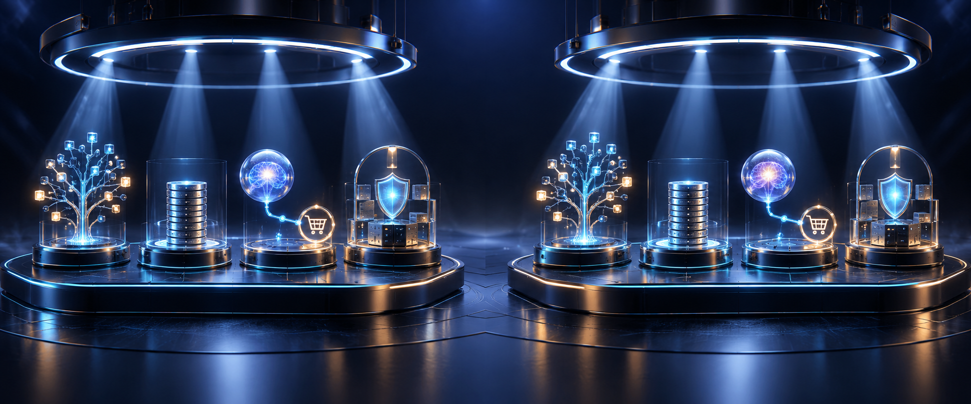 Two abstract software platforms are evaluated by four matching stations representing content networks, predictable costs, revenue connections, and enterprise controls.