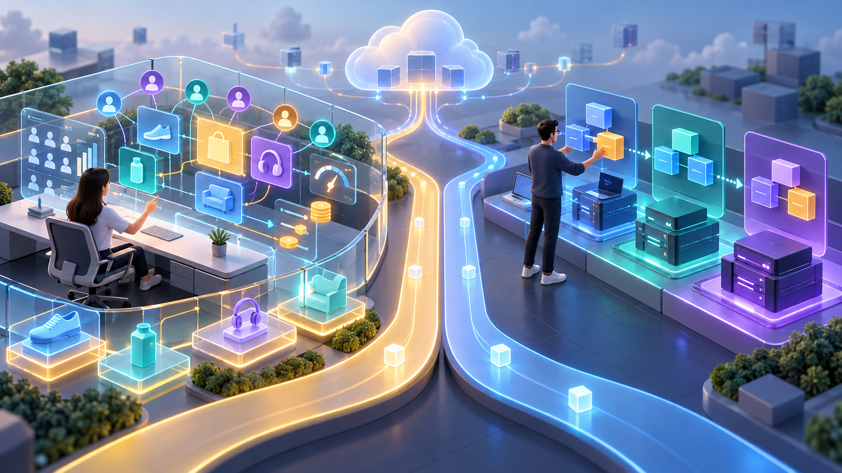 Split editorial illustration showing a media strategist managing guarded campaign signals and a software engineer moving API components through testing environments.