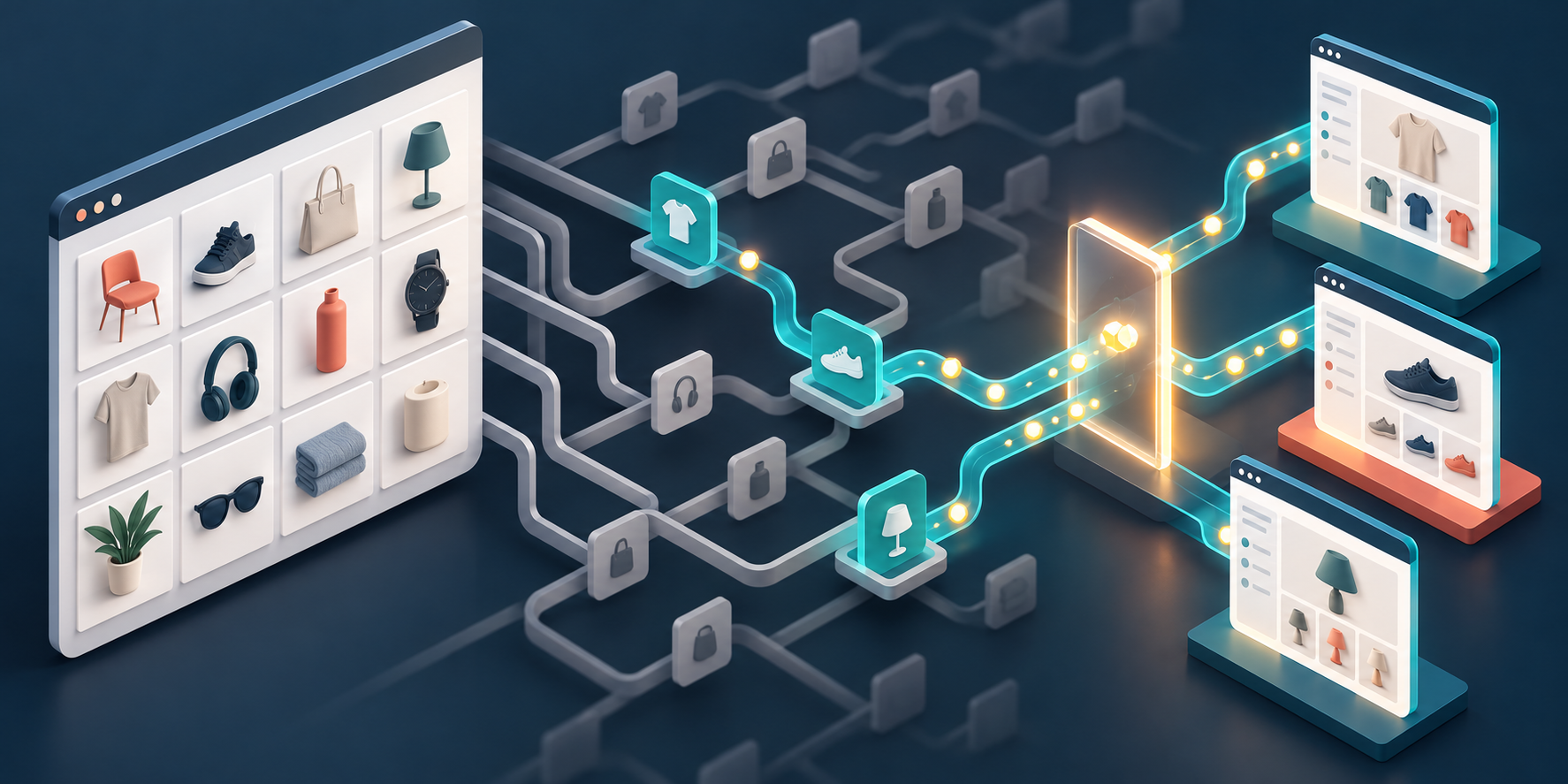 An abstract online store branches into many filter paths, with only a selected few passing through a bright gateway into distinct landing pages.
