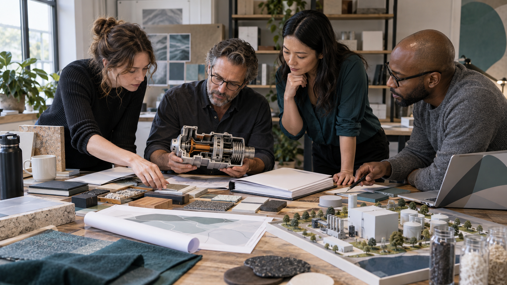 A multidisciplinary agency team examines technical models, market samples, and blank regulatory binders during industry research.