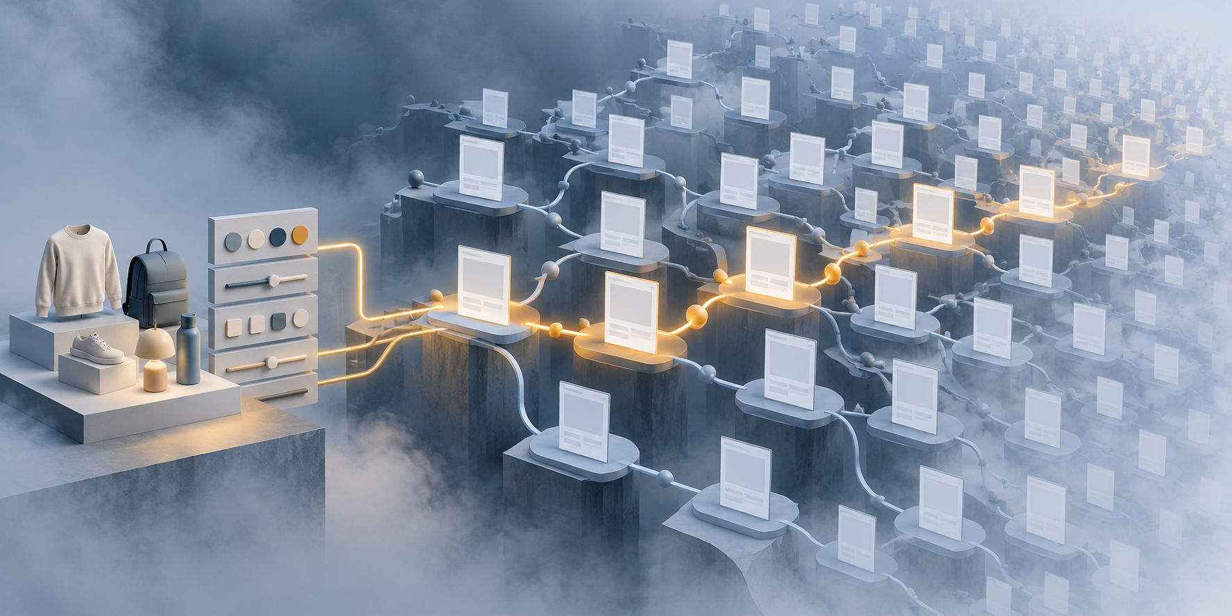A small set of product filters expands into a large maze of branching page paths, while one route remains clearly controlled.