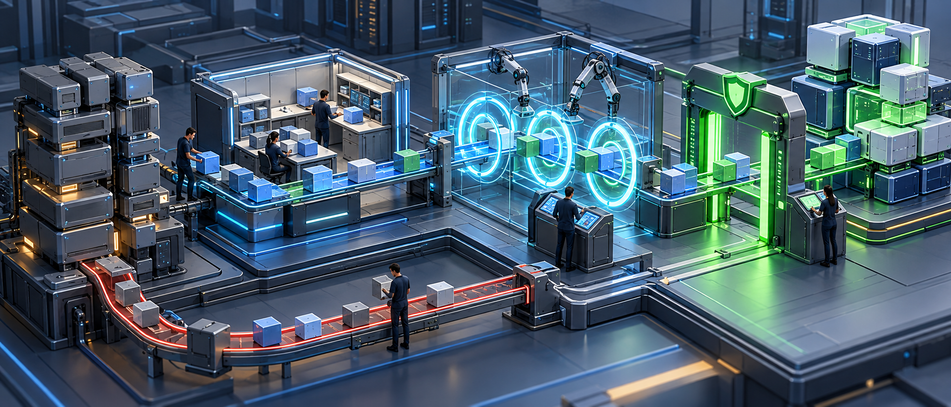 Software engineers move modular data components through sandbox, testing, and protected production stages, with a rollback route to the stable system.