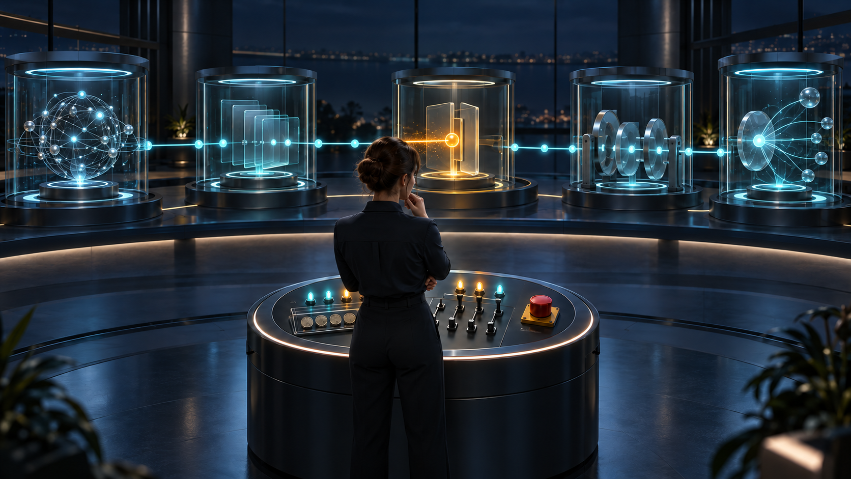 A marketing operations lead supervises interconnected AI systems with approval controls, status lights, an audit trail, and a manual stop button.