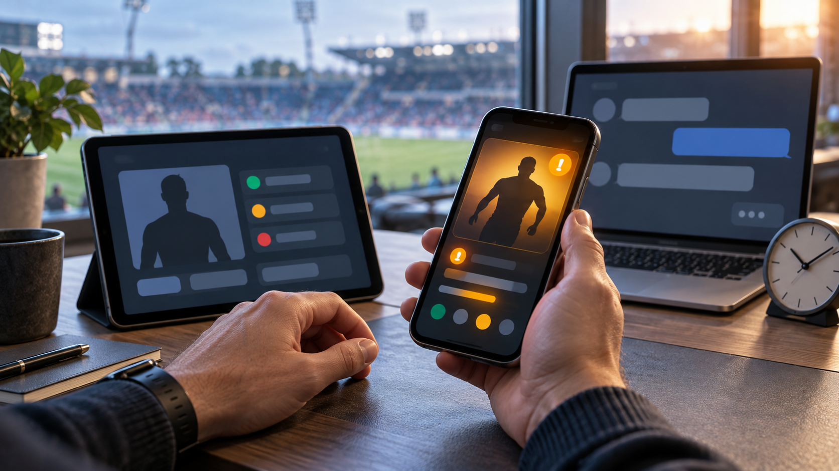A person compares a new sports status update on a phone with information on a tablet before using a chatbot on a laptop.