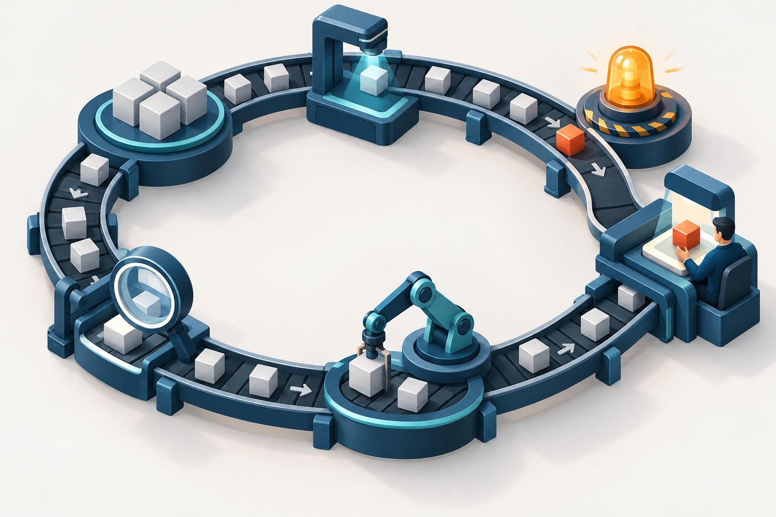 Six connected stations represent a control loop with baselines, monitoring, alerts, human approval, automation, and independent verification.