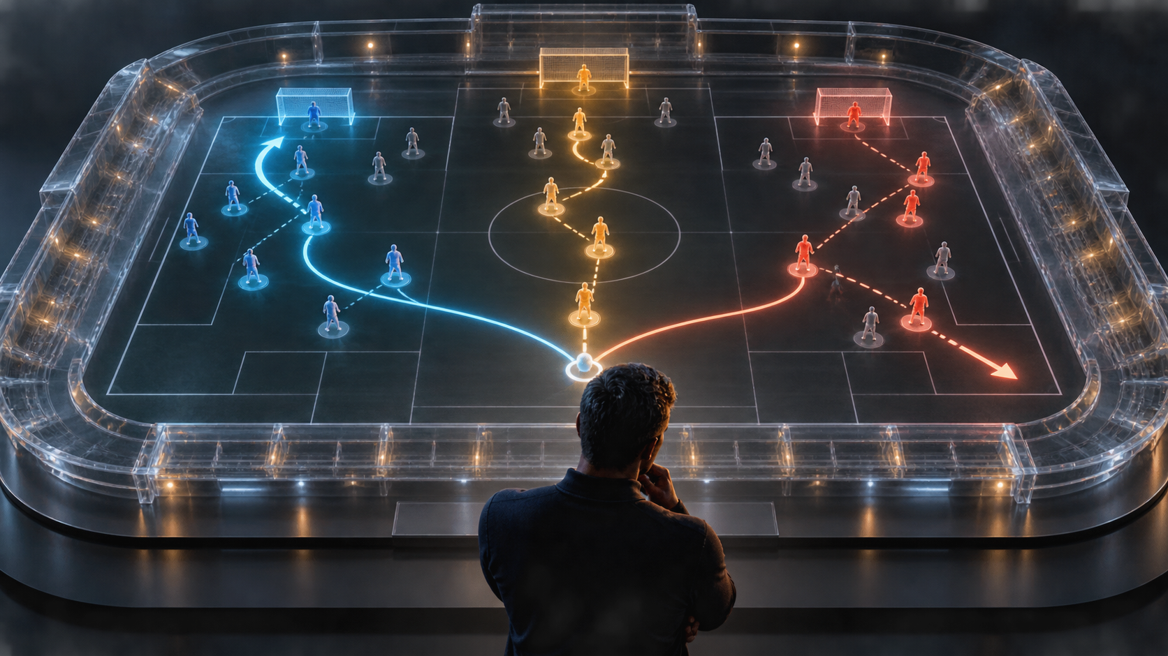 An analyst studies a miniature stadium where one sports play branches into three illuminated possible outcomes.