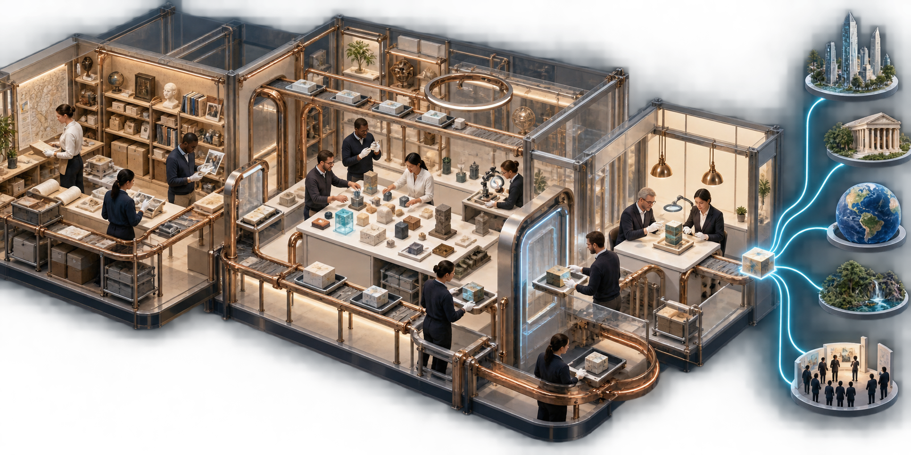A modular workshop shows people moving research through verification, content assembly, review, and distribution stages.