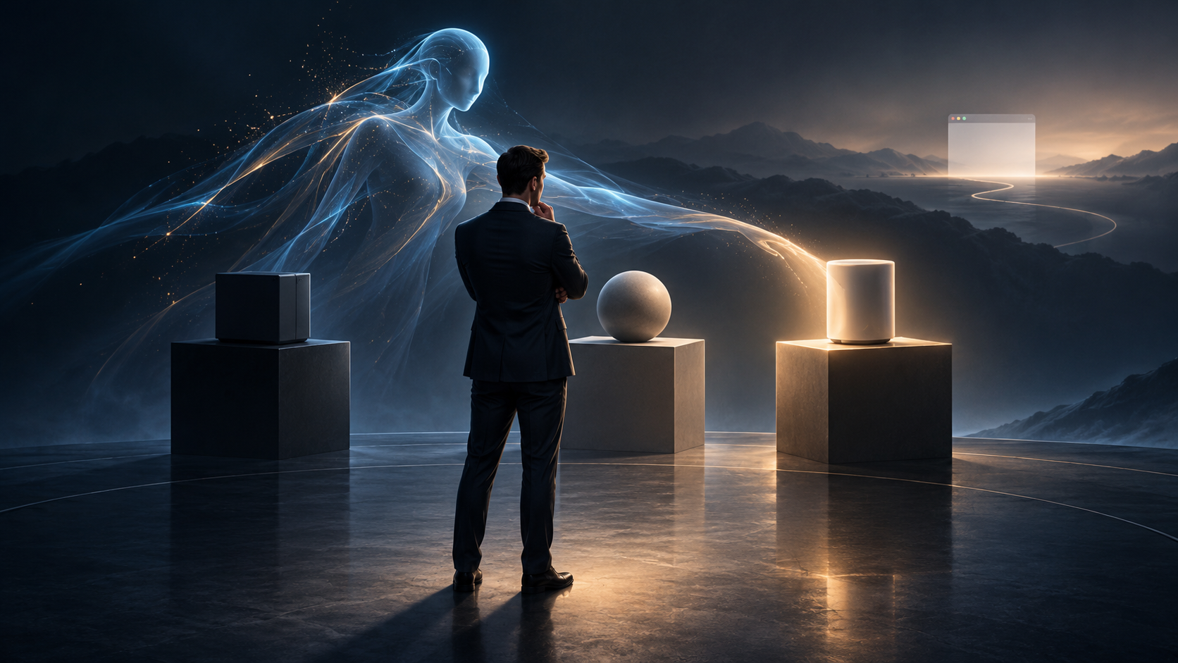 A buyer considers three unbranded products while a translucent digital assistant highlights one choice and leaves a browser window unopened in the background.