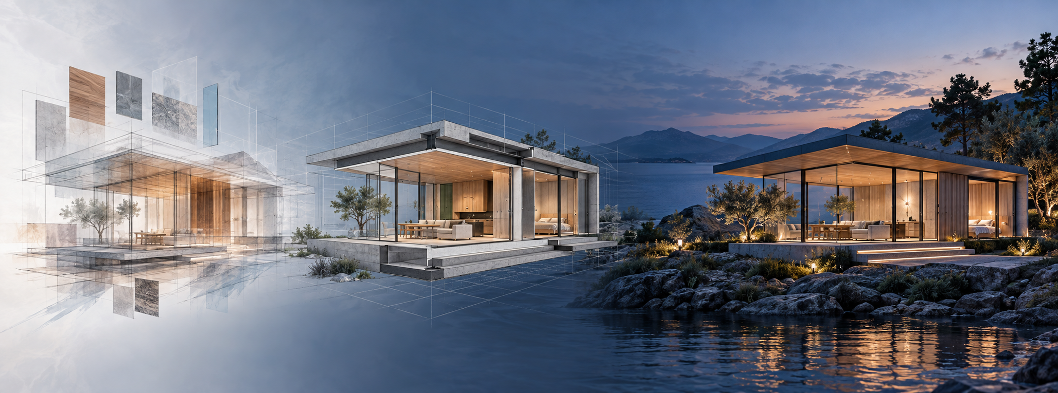 A pavilion progresses from an abstract concept through a precise cutaway model to a polished dusk visualization.