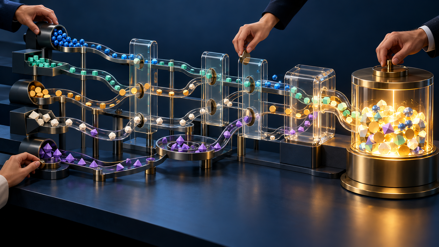 Hands from three collaborators adjust a connected system that moves abstract campaign signals through qualification gates into an illuminated revenue reservoir.