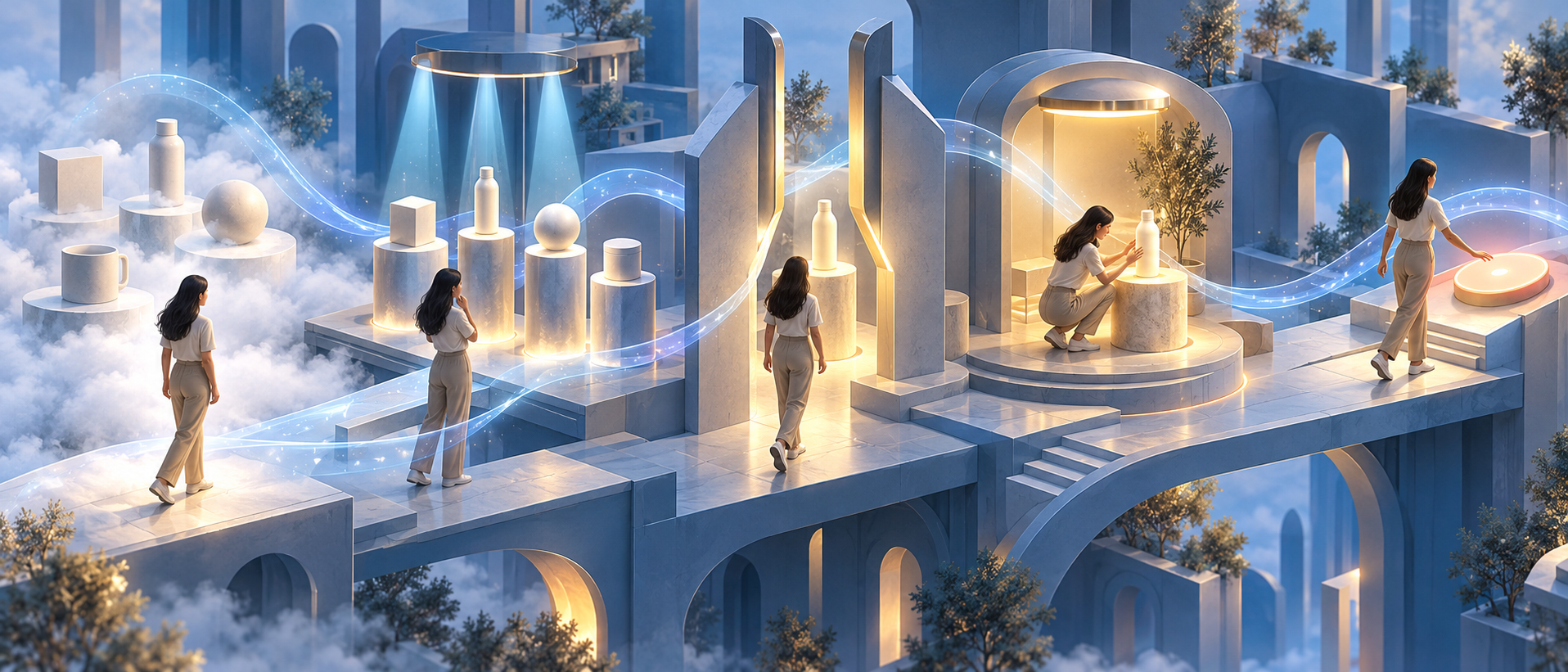 A buyer moves through five visual stages of a decision, from discovering and comparing products to filtering, reassurance, and taking action, guided by a translucent light ribbon.