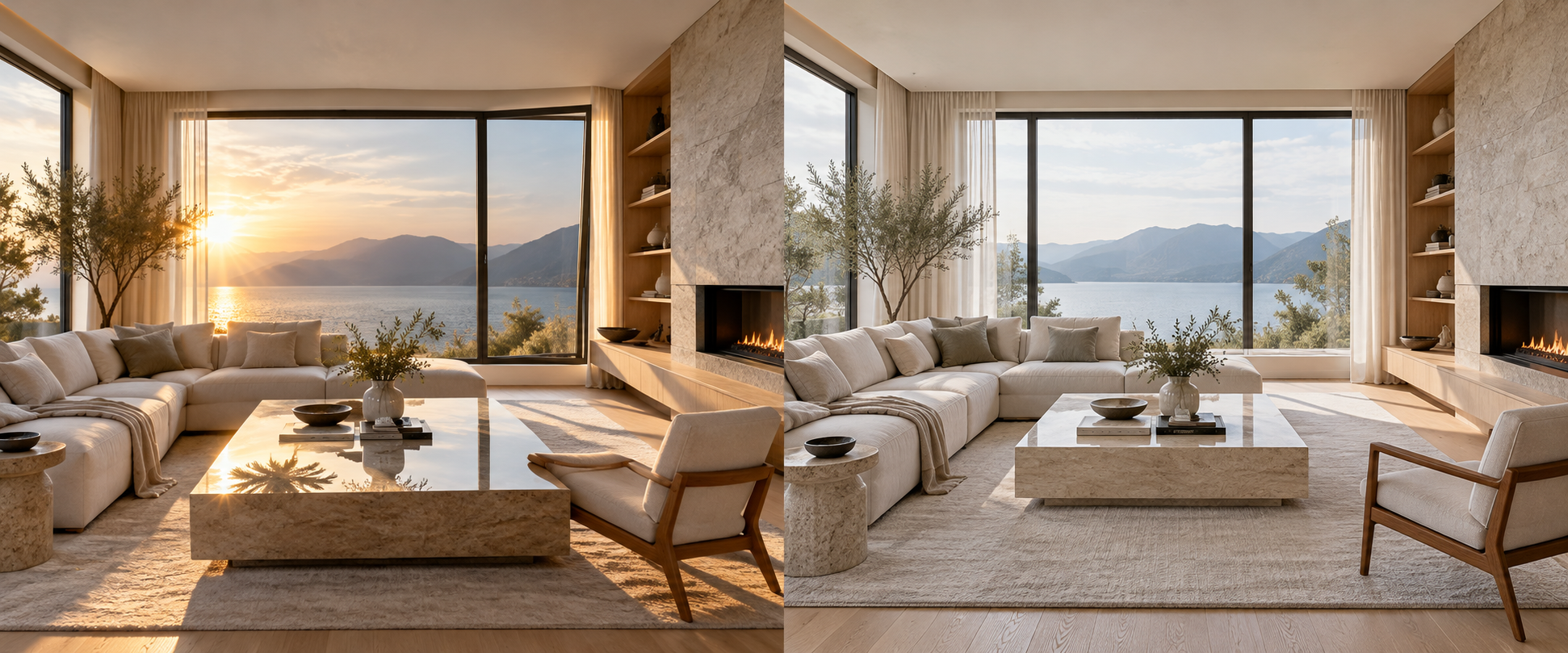 Two versions of the same living room contrast a glossy image with spatial errors against a restrained, geometrically consistent design.