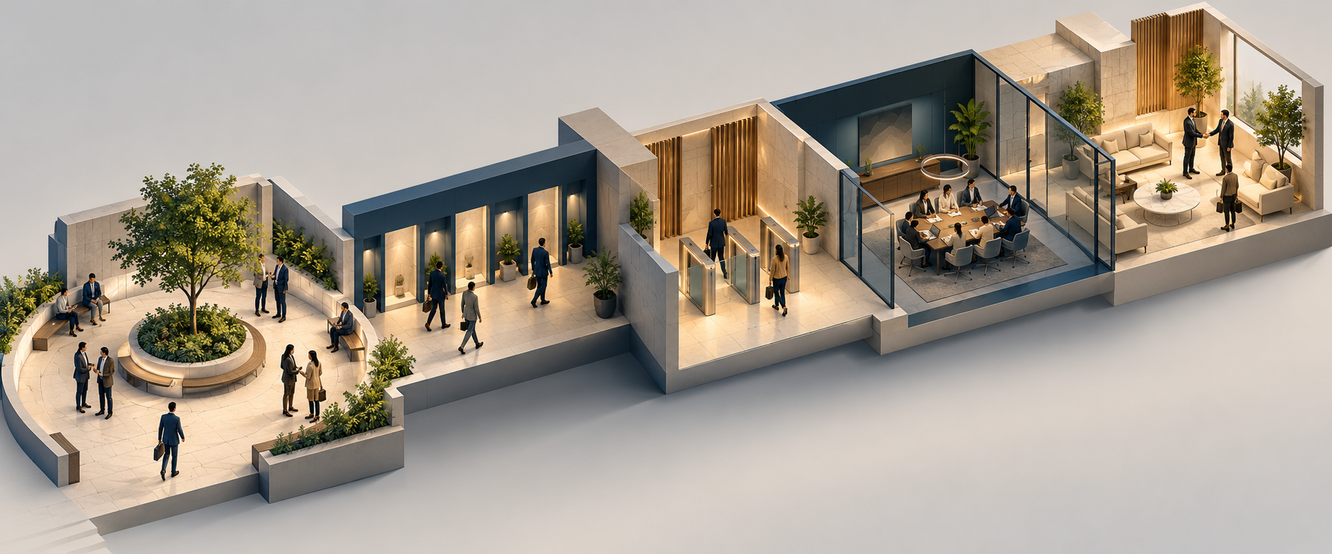 An isometric cutaway shows groups of businesspeople progressing through distinct connected spaces representing stages of a customer lifecycle.