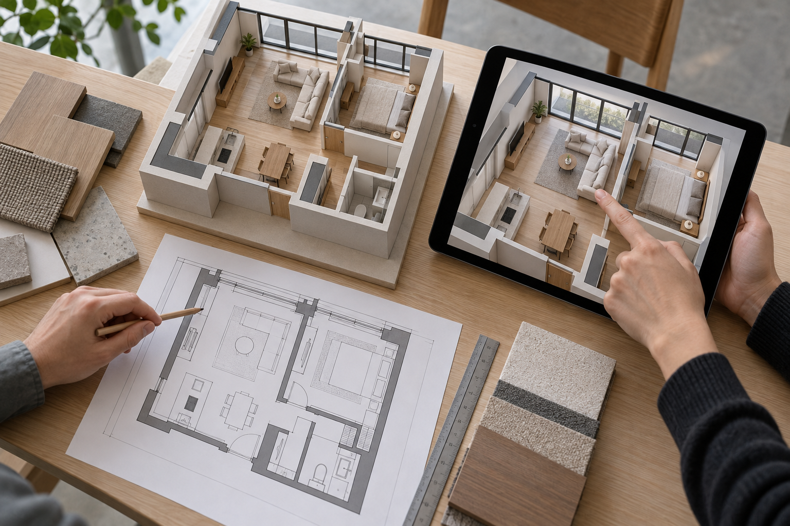 Hands compare an apartment visualization with a matching scale model, floor plan, ruler and material samples on a studio table.