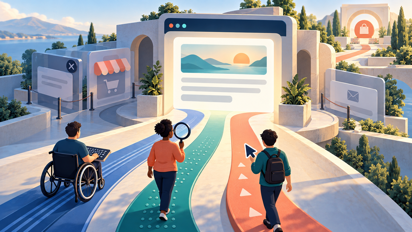 An illustrated web page becomes an accessible pathway where three visitors using a keyboard, magnifier, and pointer reach a prominent answer panel before optional overlays and actions.
