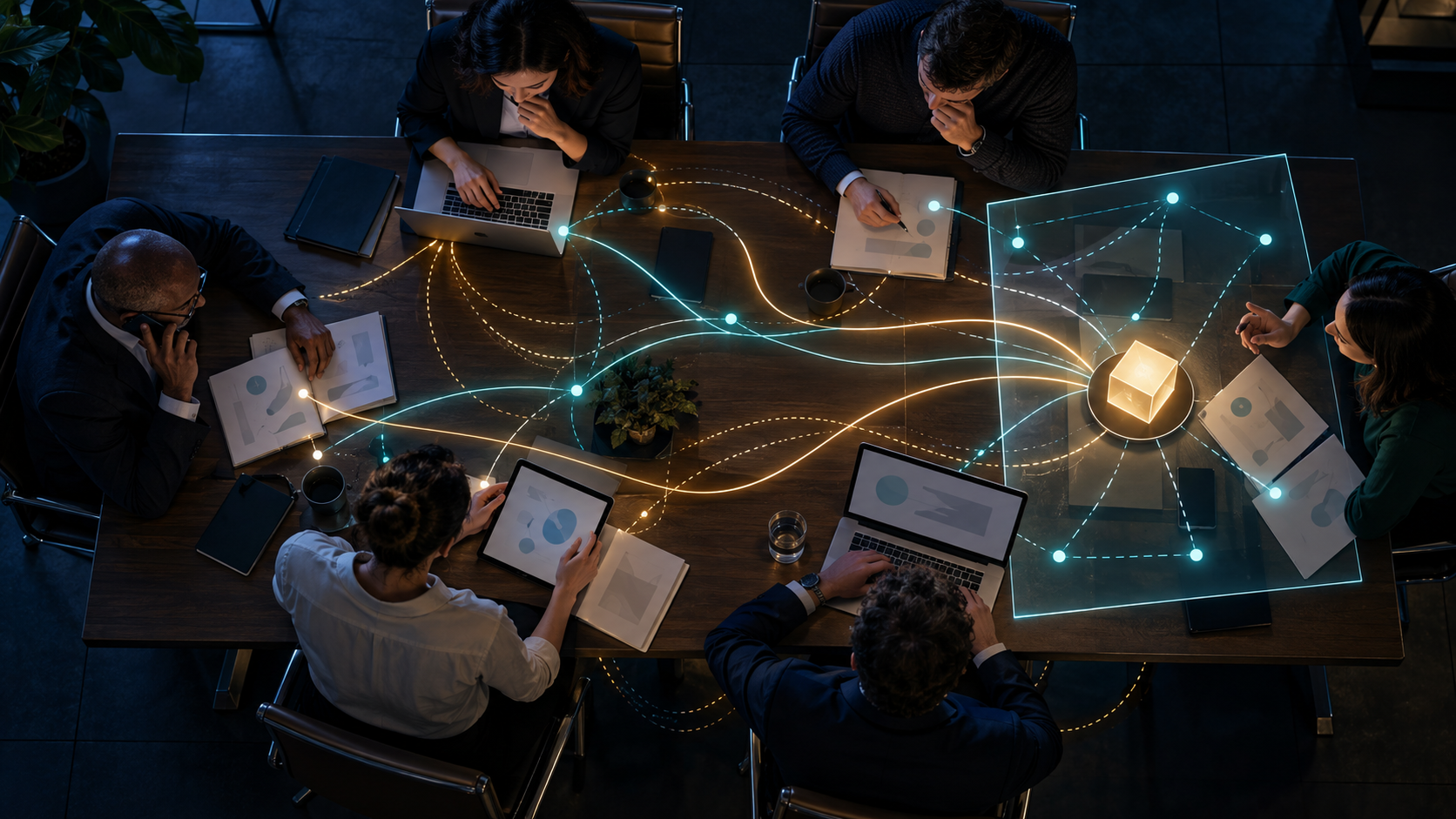 An overhead view shows a business buying committee researching through several channels while glowing paths reveal both visible and hidden interactions.