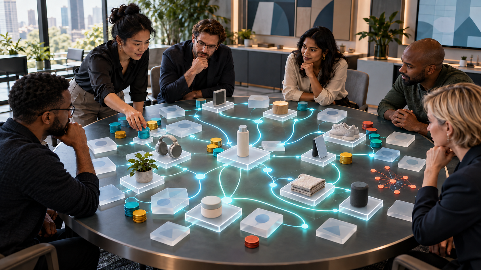 A brand team reviews blank evidence tiles, recommendation pathways, product samples, budget tokens, and a small group of click markers around a circular table.