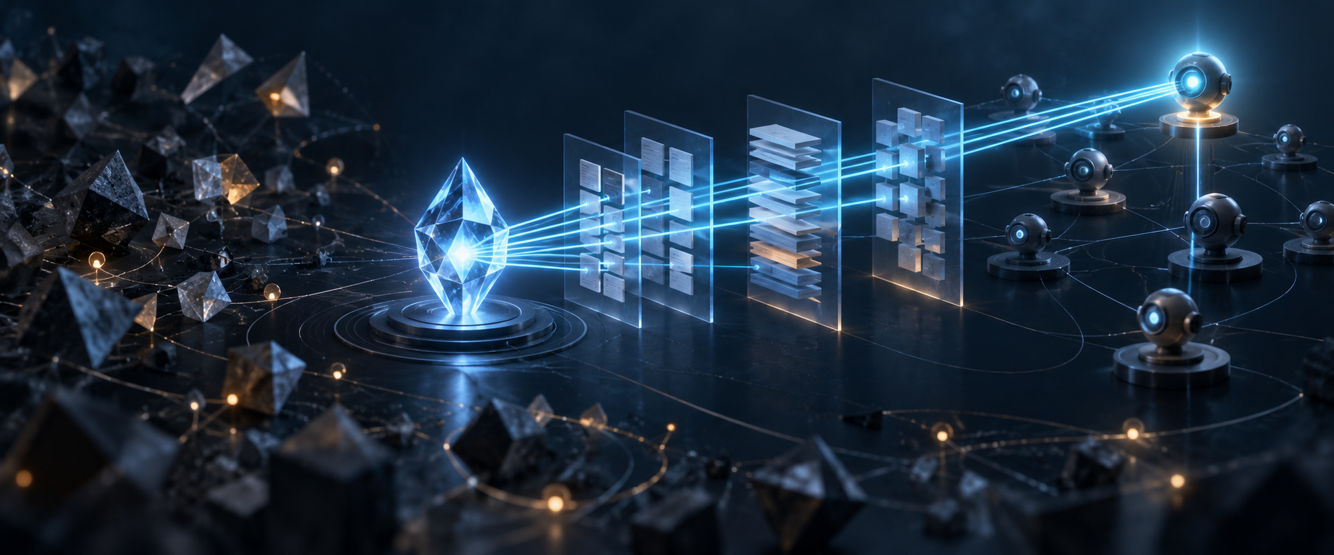 A glowing central crystal sends consistent beams through organized layers toward a network of machine-like search nodes, while fragmented signals fade around the edges.