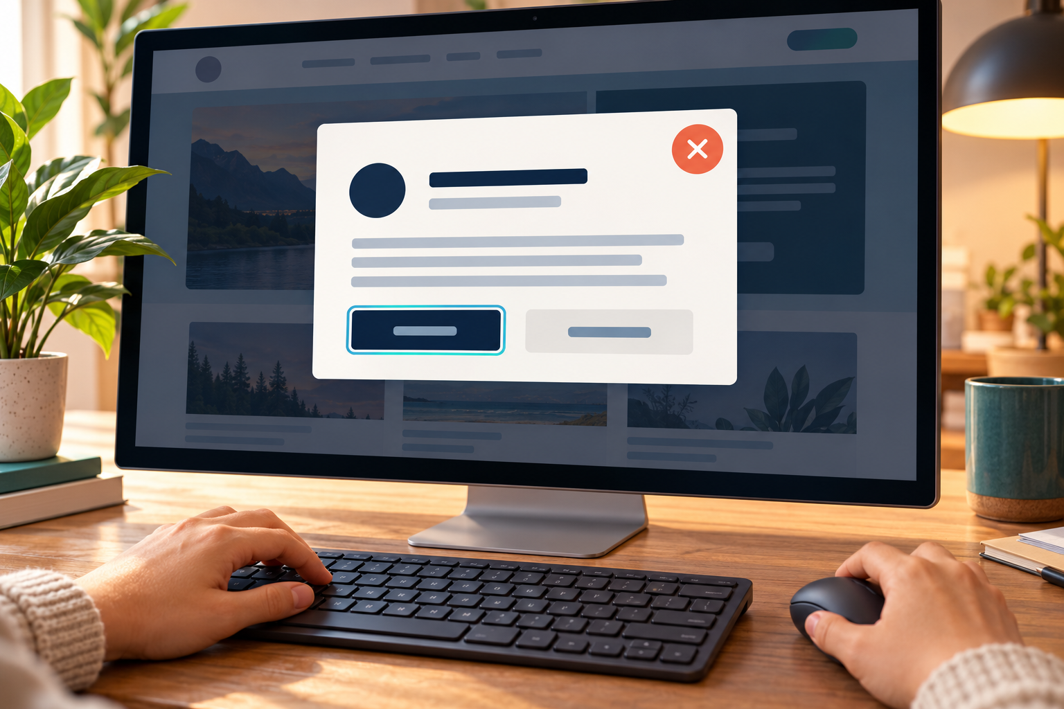 A person tests a high-contrast website overlay with a keyboard while a visible focus outline and large close control appear on the screen.
