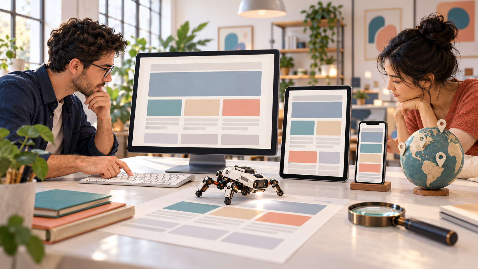 Two auditors compare the same abstract page layout across a monitor, tablet, and phone beside a keyboard, magnifier, marked globe, and small crawler model.