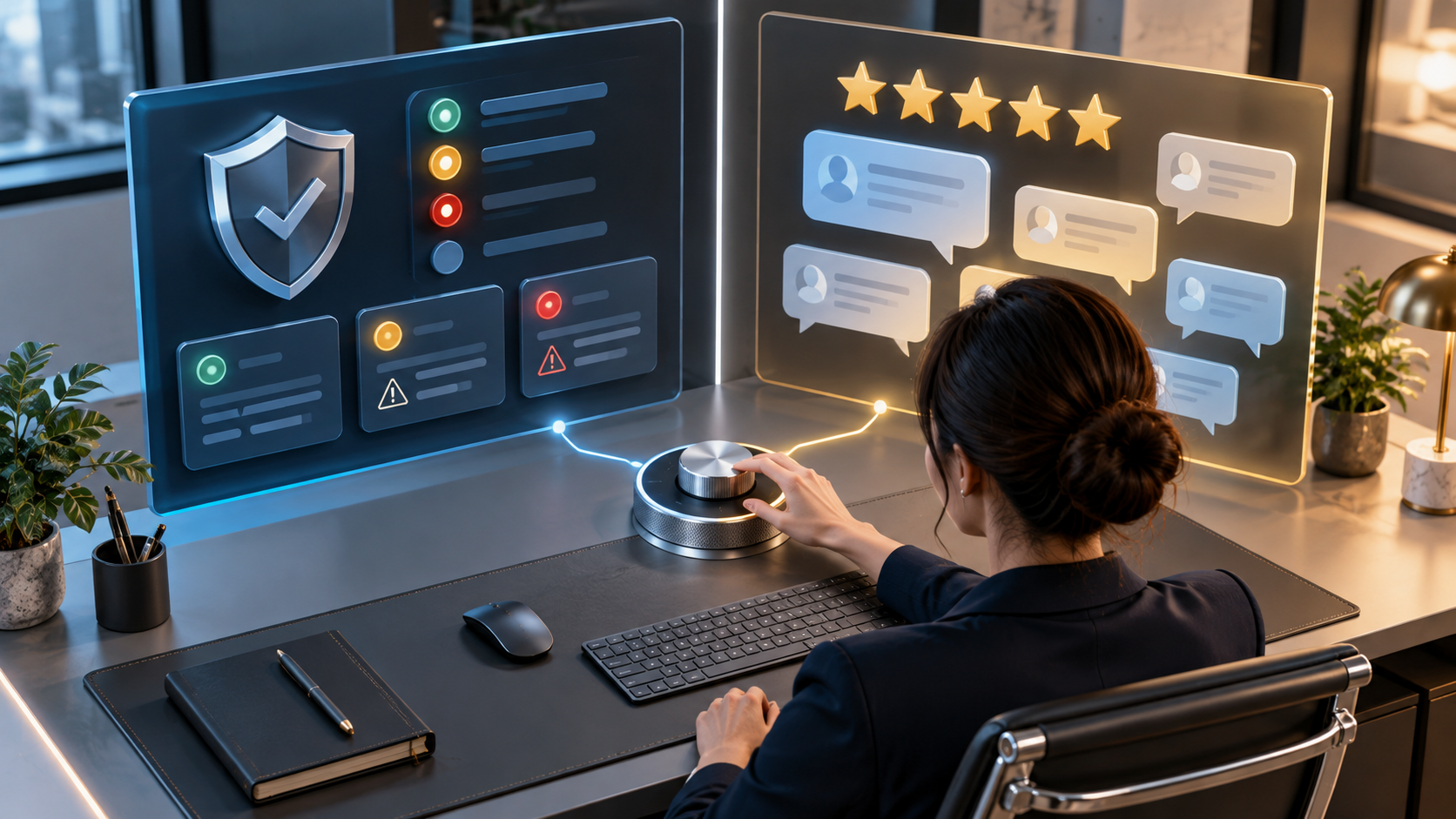 A marketing professional monitors separate abstract panels for advertising eligibility alerts and customer review signals at a modern workstation.