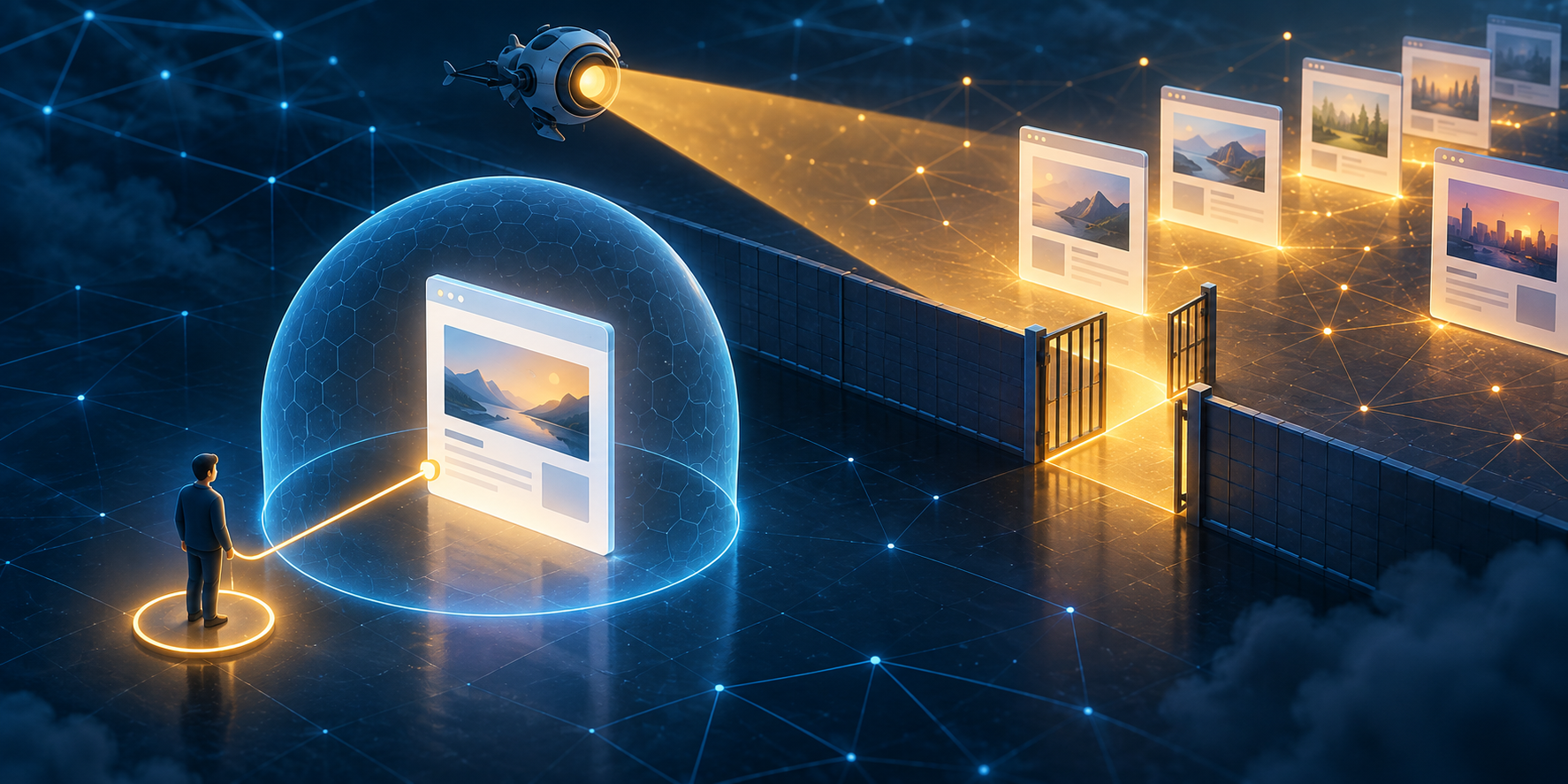 A glowing shared page connects to one visitor behind a translucent boundary while a scanning beam illuminates public pages beyond an open gate.