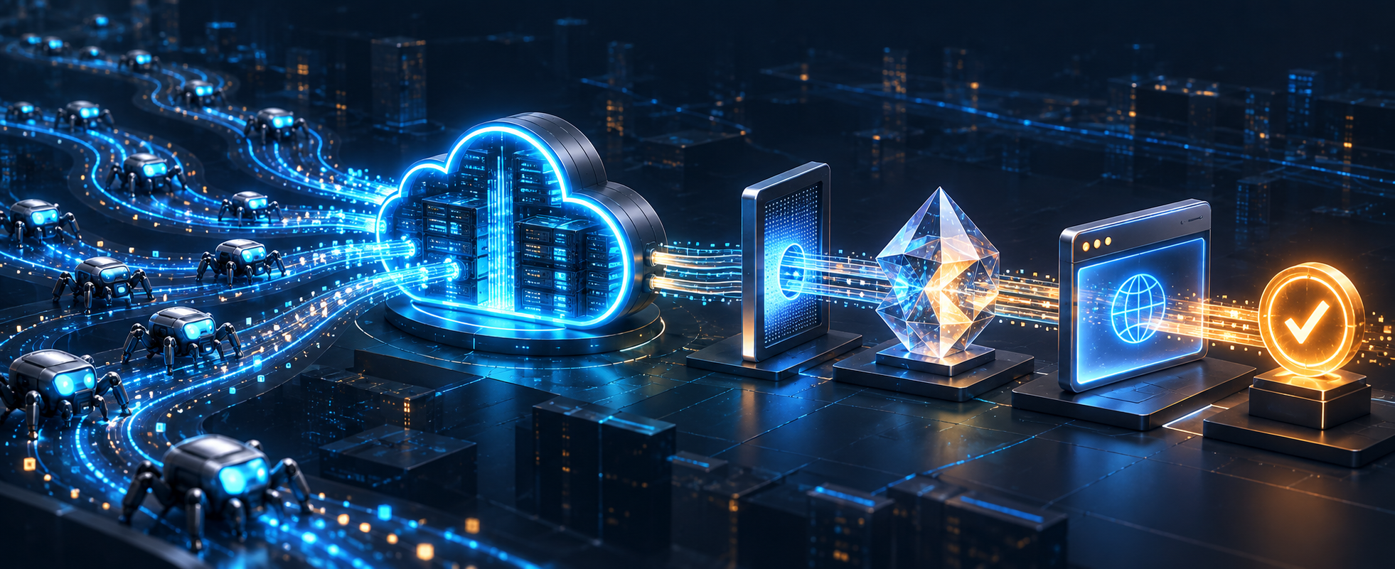 Abstract crawler machines move through a glowing network gateway toward discovery, visit and outcome stages.