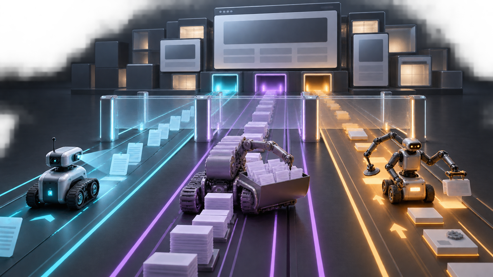 Three different types of abstract web robots approach a website through separate lanes and a network checkpoint.