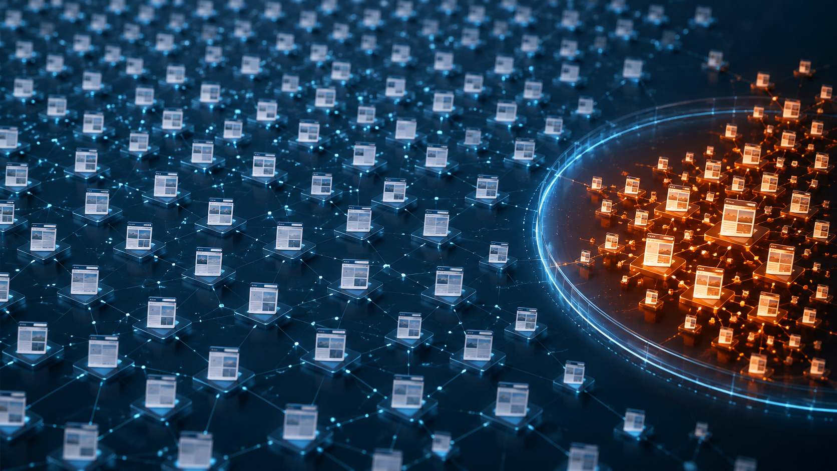 A circular scanner isolates an orange branching cluster of page tiles from a larger blue network.