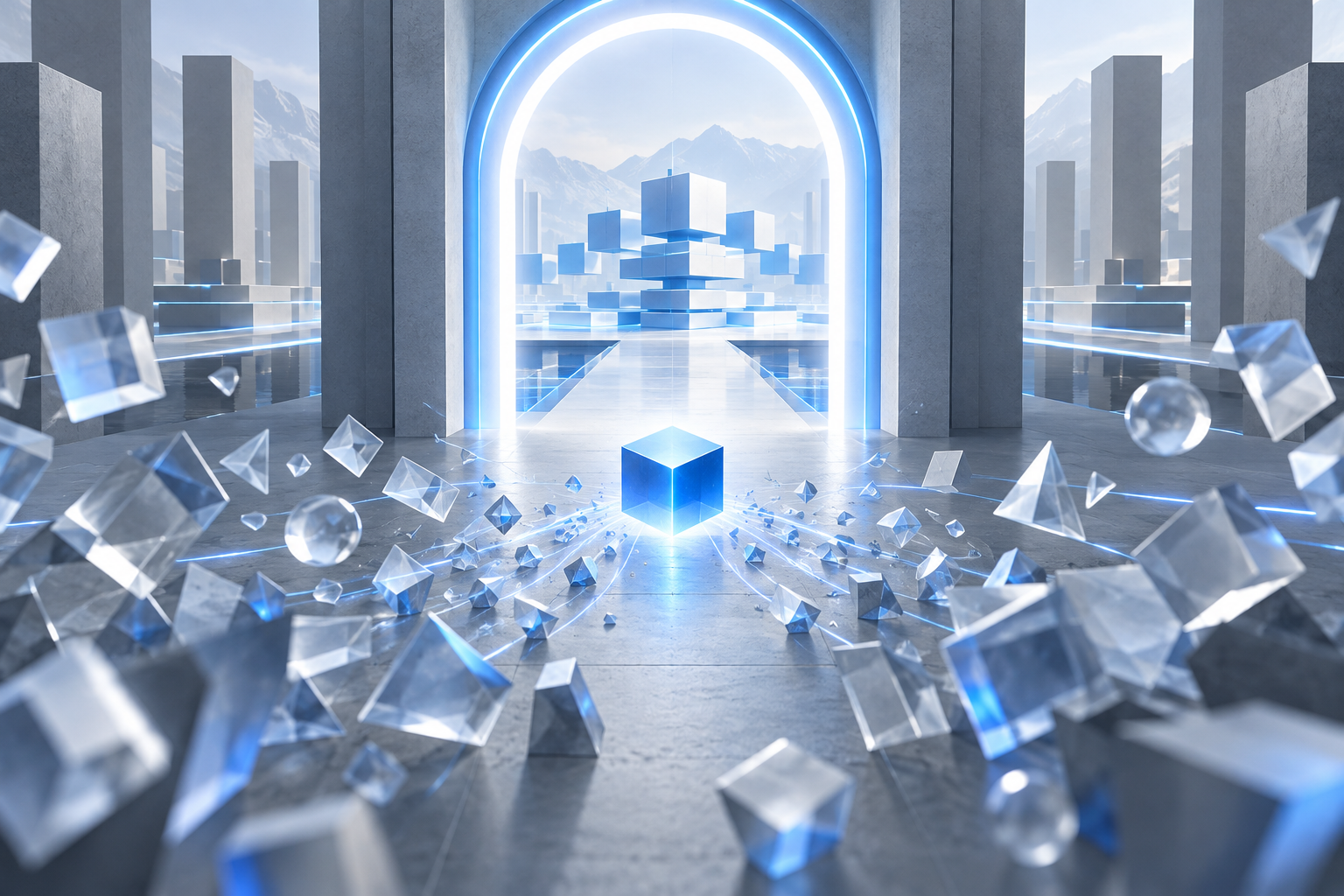 Scattered translucent shapes merge into one clear object before passing through a glowing gateway toward neatly organized blocks.