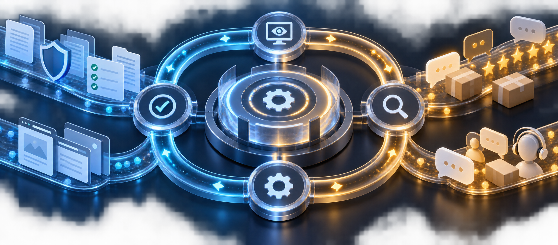 Separate streams of compliance evidence and customer feedback circle a shared operations hub in a coordinated monitoring loop.