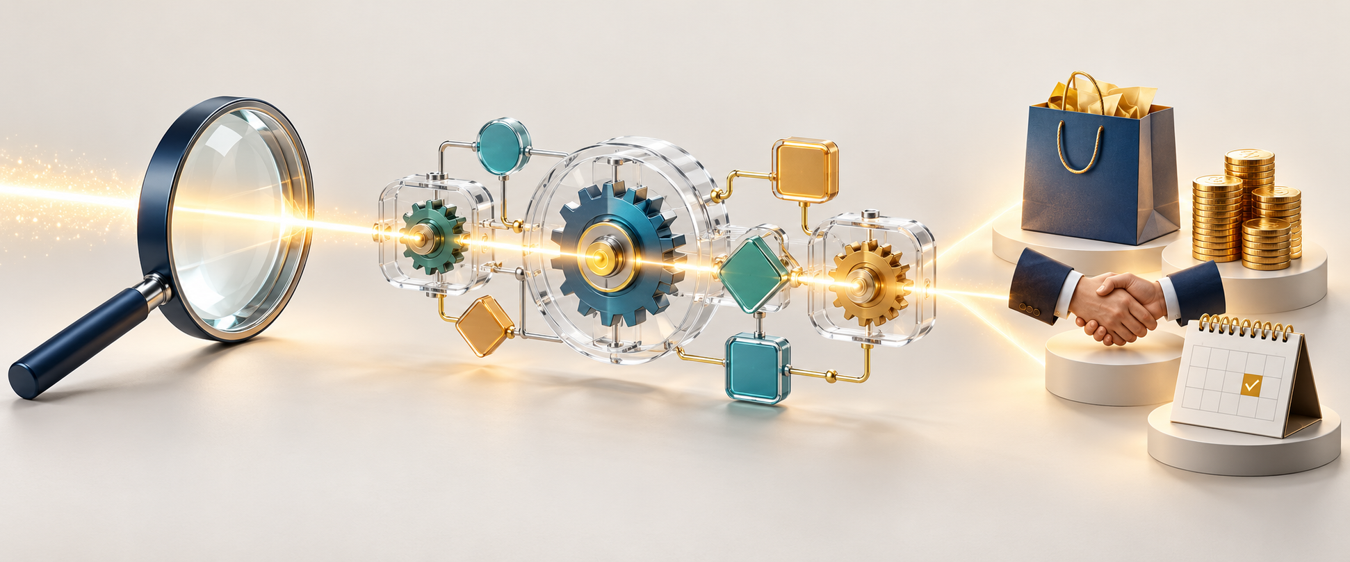 A beam passes through a magnifying-glass lens and connected gears before reaching symbols of sales, profit, partnership and booked appointments.