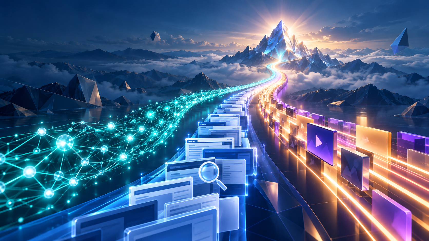 Three illuminated streams made of neural nodes, web-page shapes and media tiles merge into one path leading toward a faceted summit.