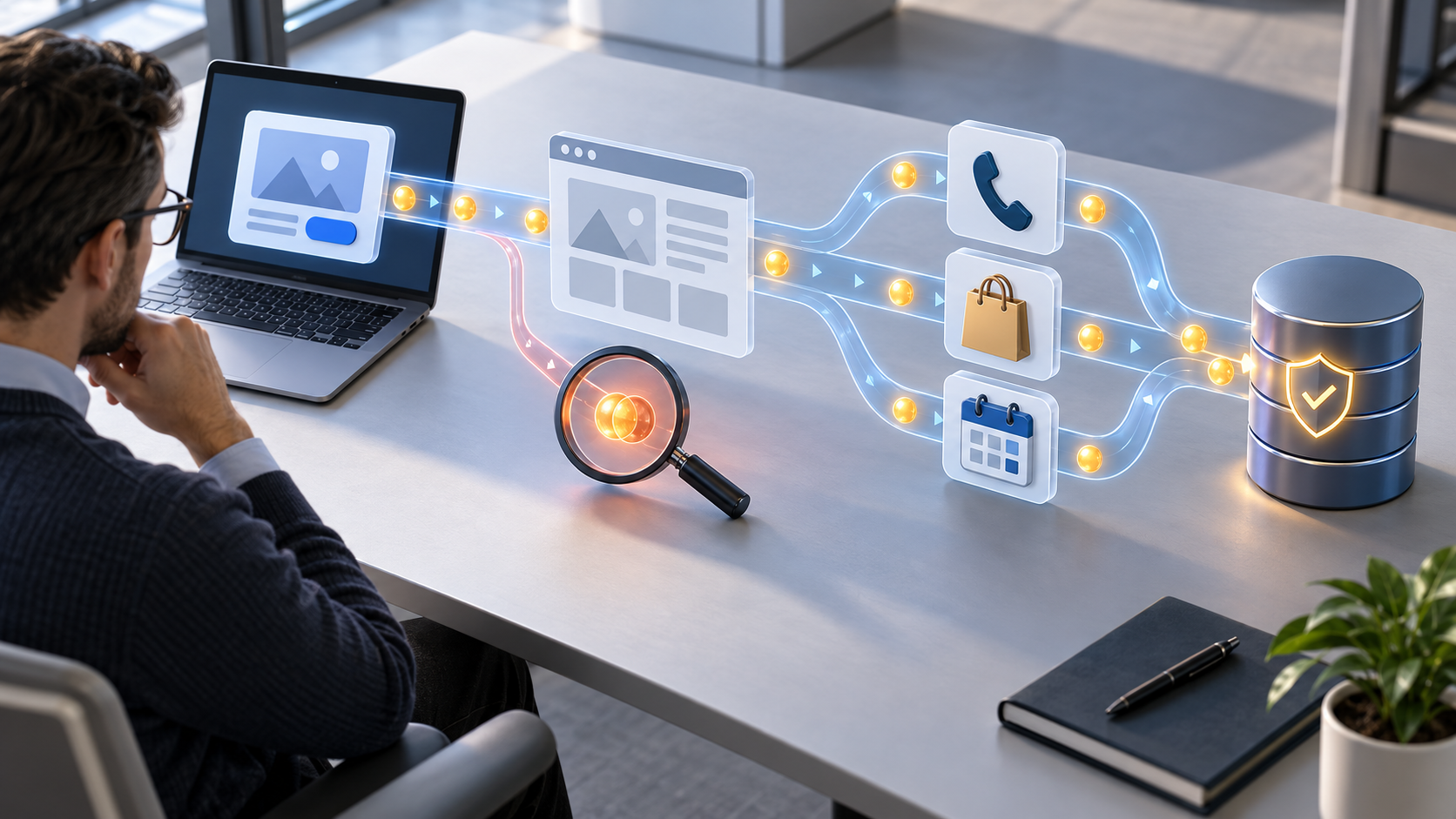 An analyst traces digital event signals from an ad and website through several conversion routes to a business database, with a magnifying glass identifying a duplicate event.