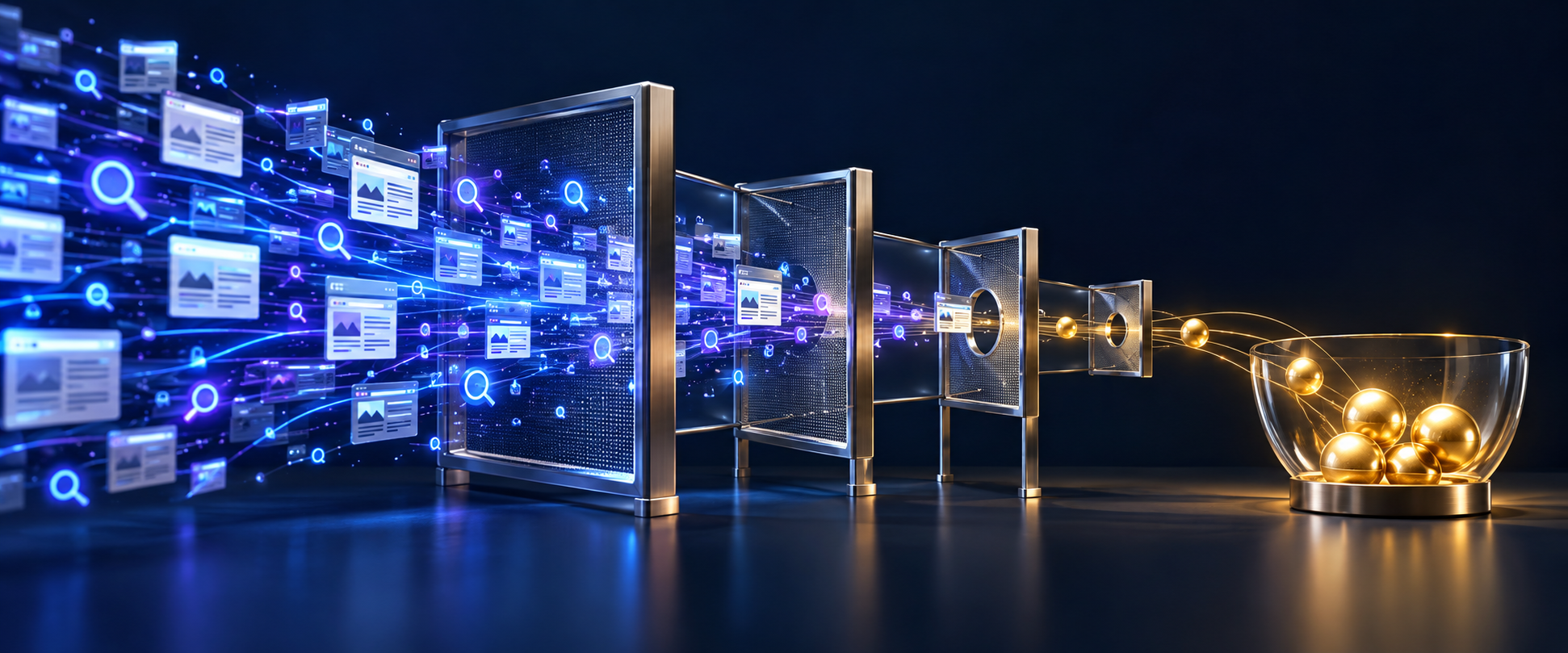 Abstract search signals and web page tiles move through translucent stages and emerge as golden tokens in a collection vessel.