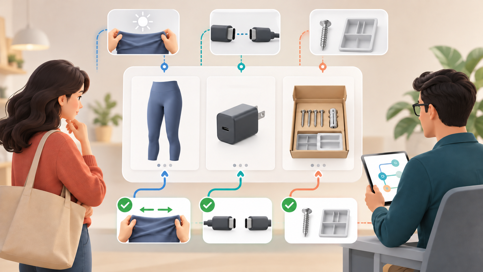 A shopper and a commerce specialist examine product tiles connected to visual questions about fabric opacity, device compatibility, and included installation parts.