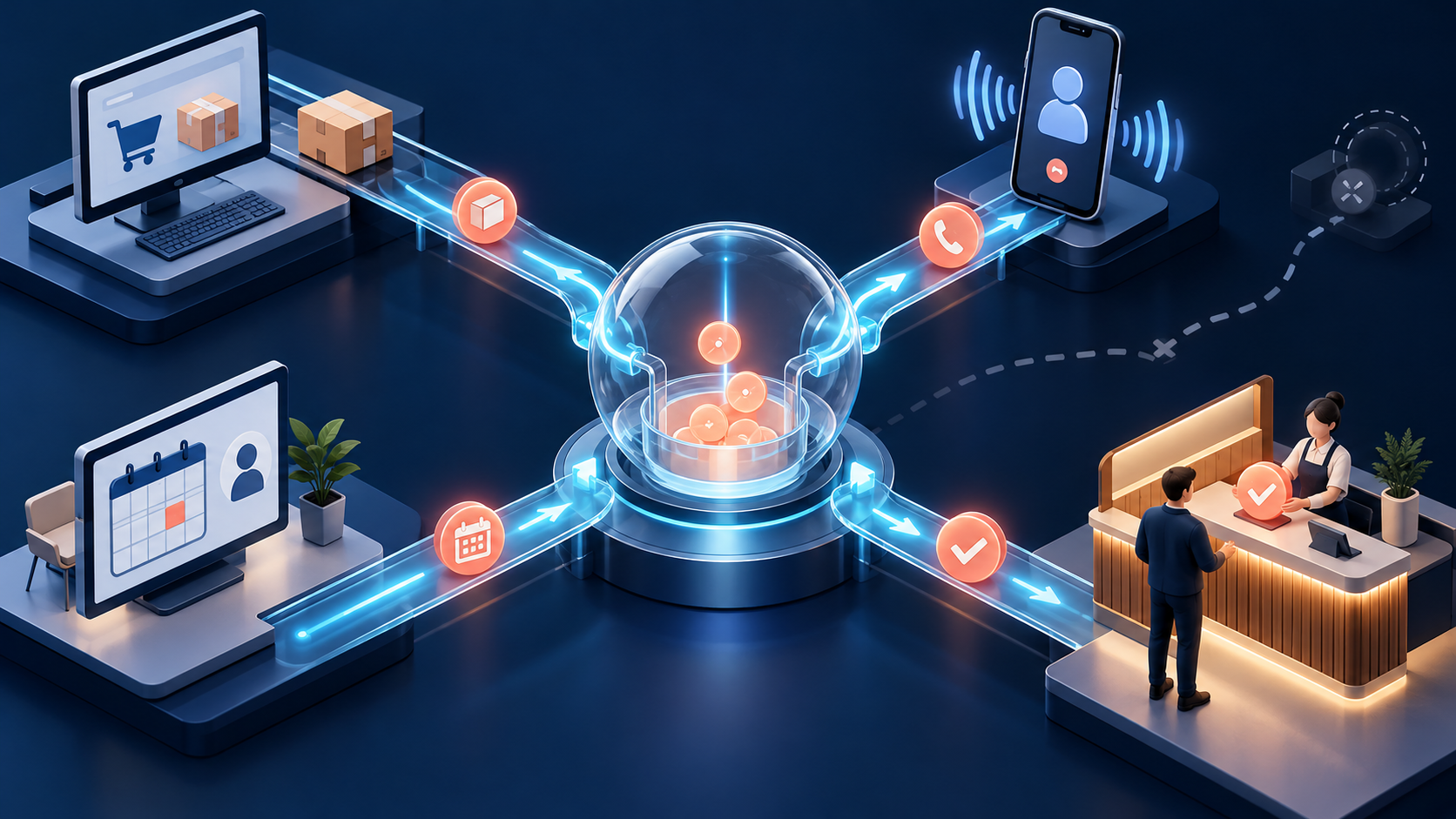 Checkout, phone call, appointment, and in-person transaction routes send illuminated signals toward a central measurement hub, while one route is visibly broken.