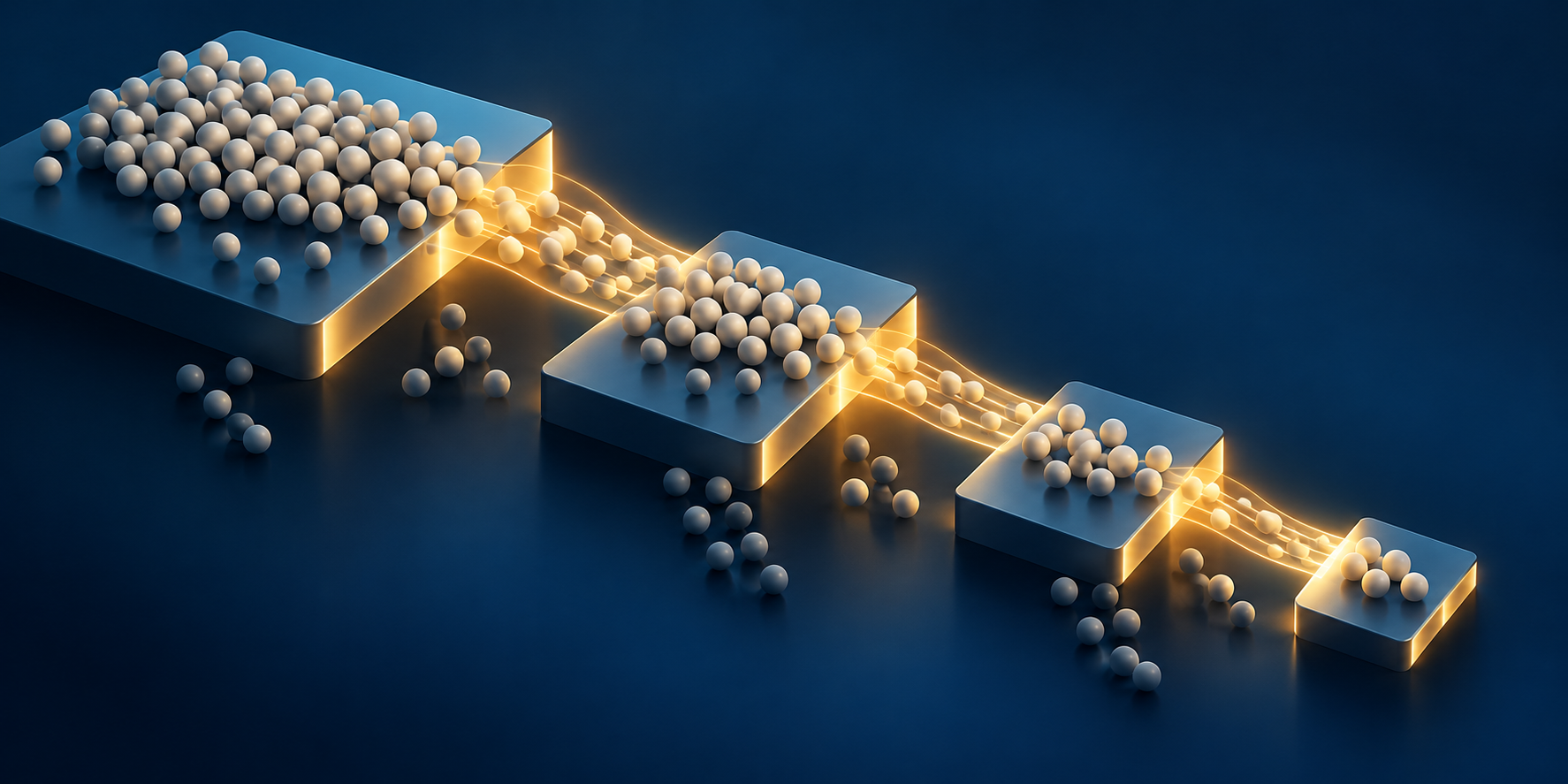 Small spheres move across four connected platforms, with fewer continuing through each illuminated checkpoint.