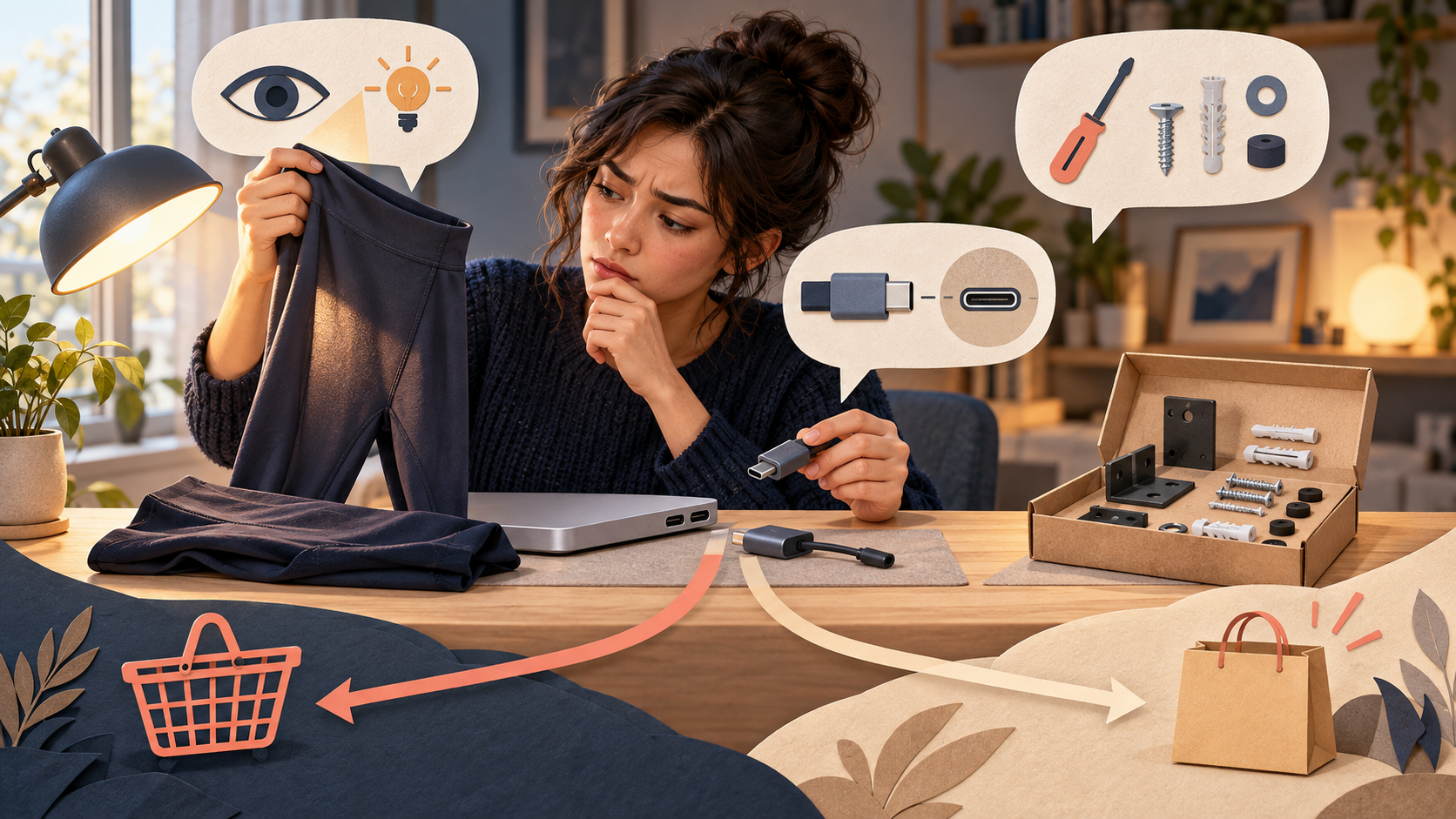 A shopper checks leggings against a light, matches an accessory to a device port, and inspects the parts in an installation kit before buying.