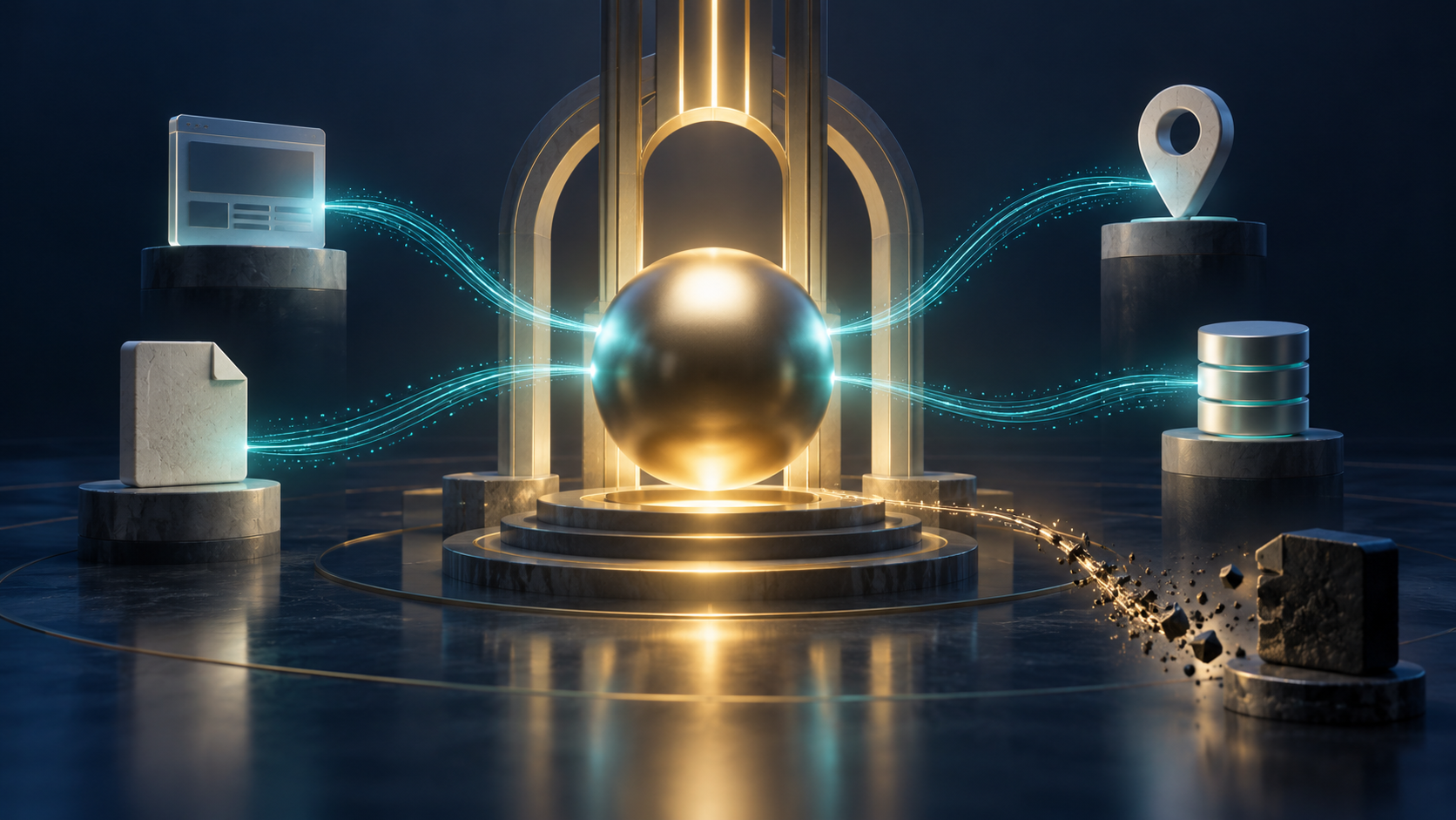 Several abstract information sources send matching light pulses to a central sphere supported by an illuminated framework, while one conflicting pulse fades away.
