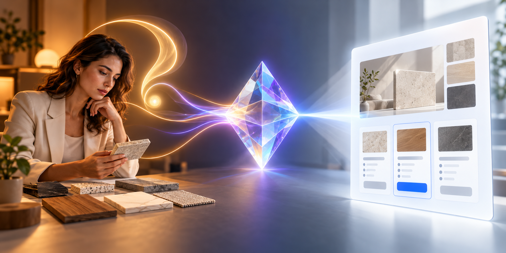 A buyer at a desk, a translucent AI-like prism, and a modular web page are connected by a focused beam of light.